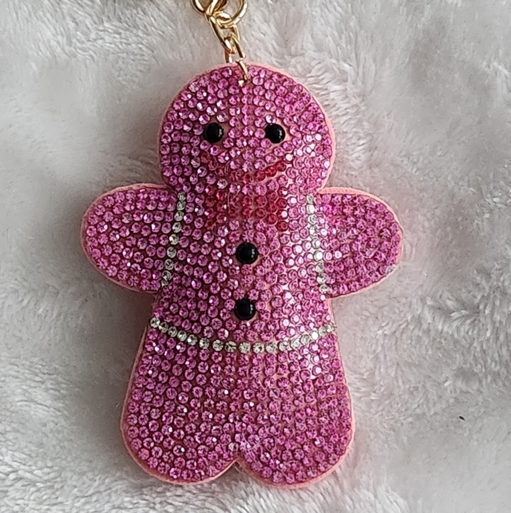 Pink Rhinestone Gingerbread Keychain Bag Charm - Picture 2 of 3